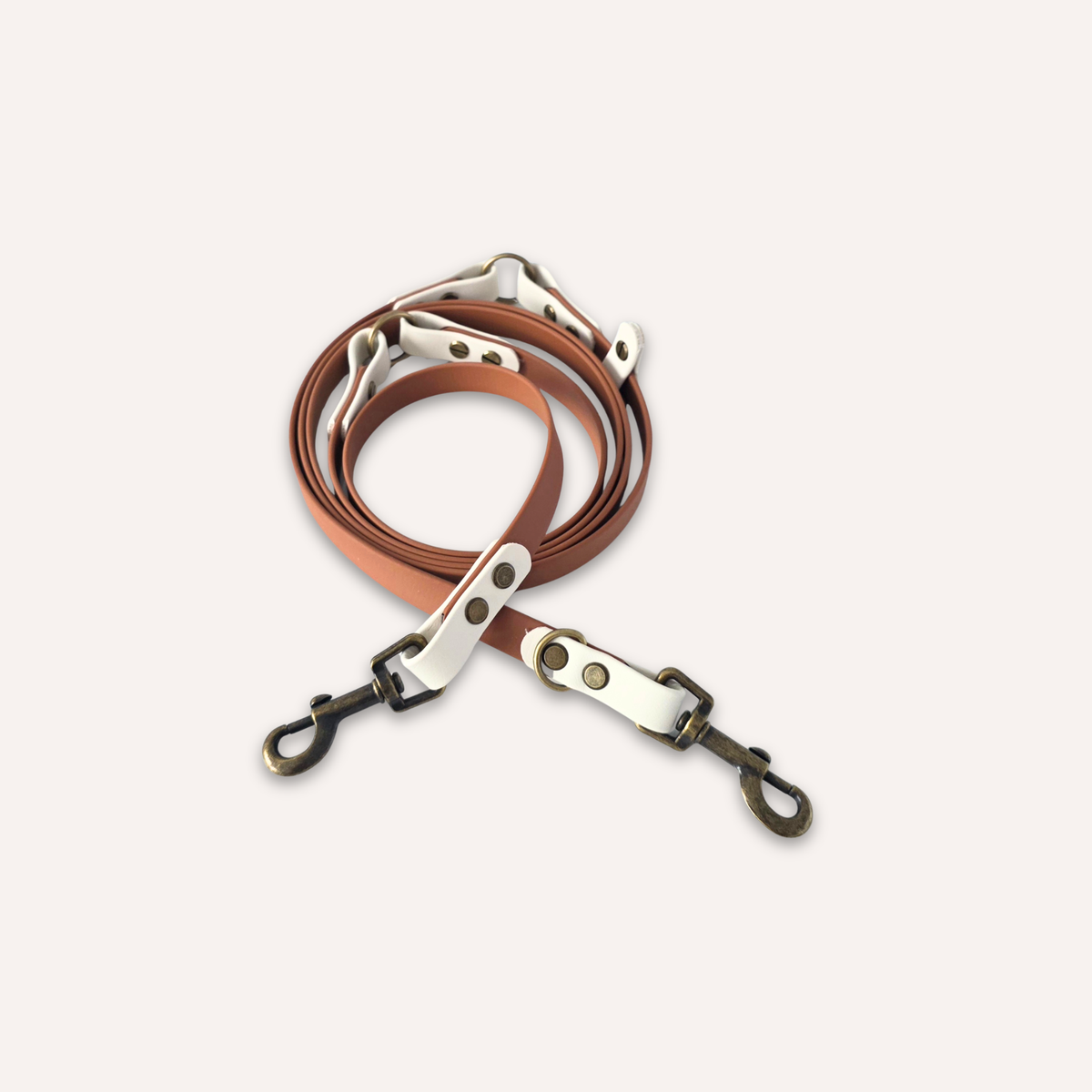 BioThane® original waterproof material, a brown leather dog leash with silver-toned metal hardware and black swivel clips, coiled on a light cream background.