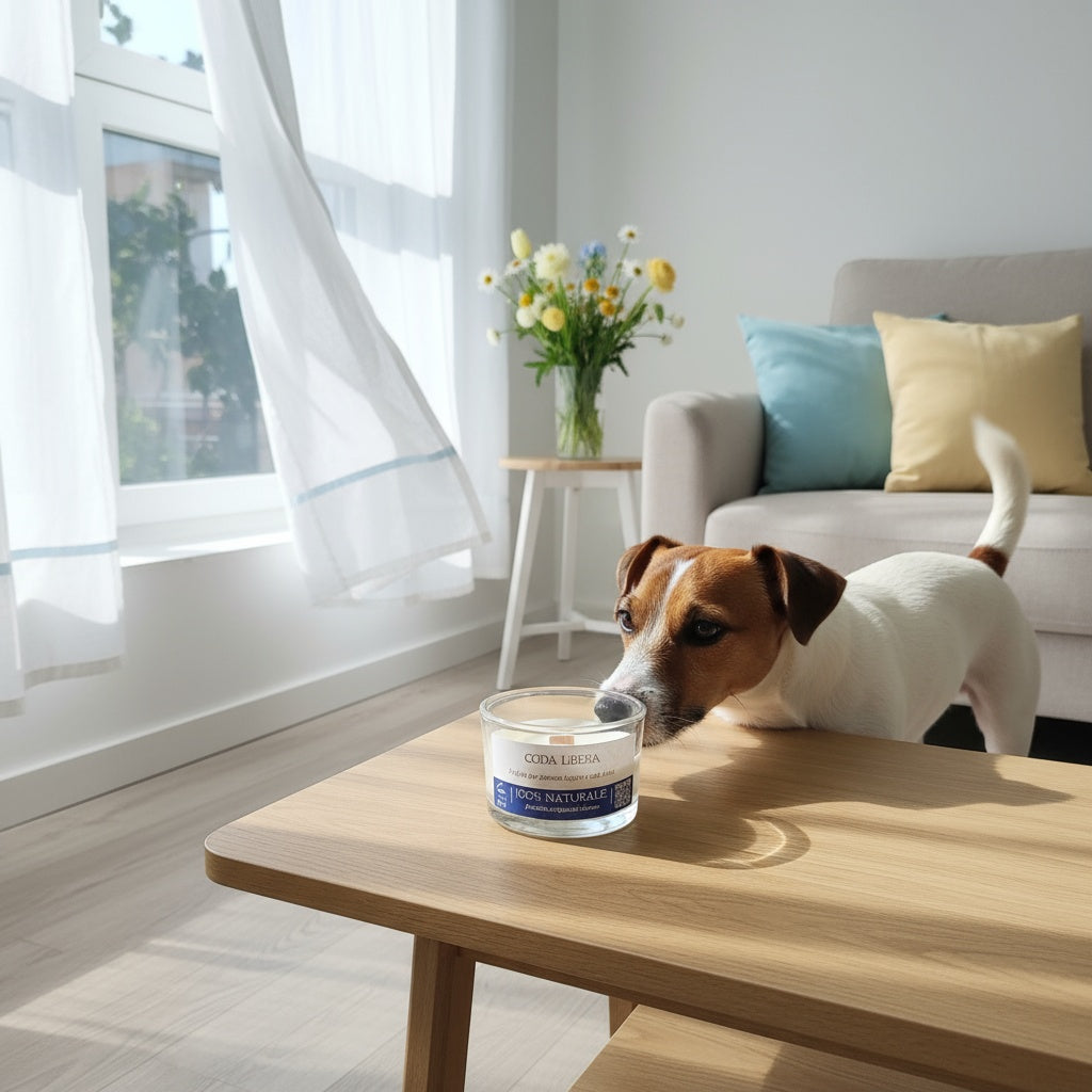 Dog sniffing a container of GWM Natural on a wooden table in a bright living room.
