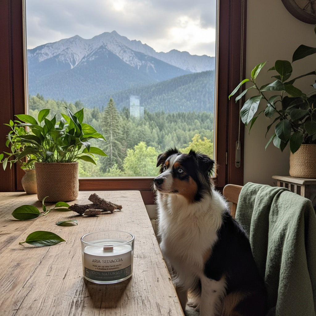 Dog sitting on a wooden table with a candle and plants, looking out of a window with mountains in the background.