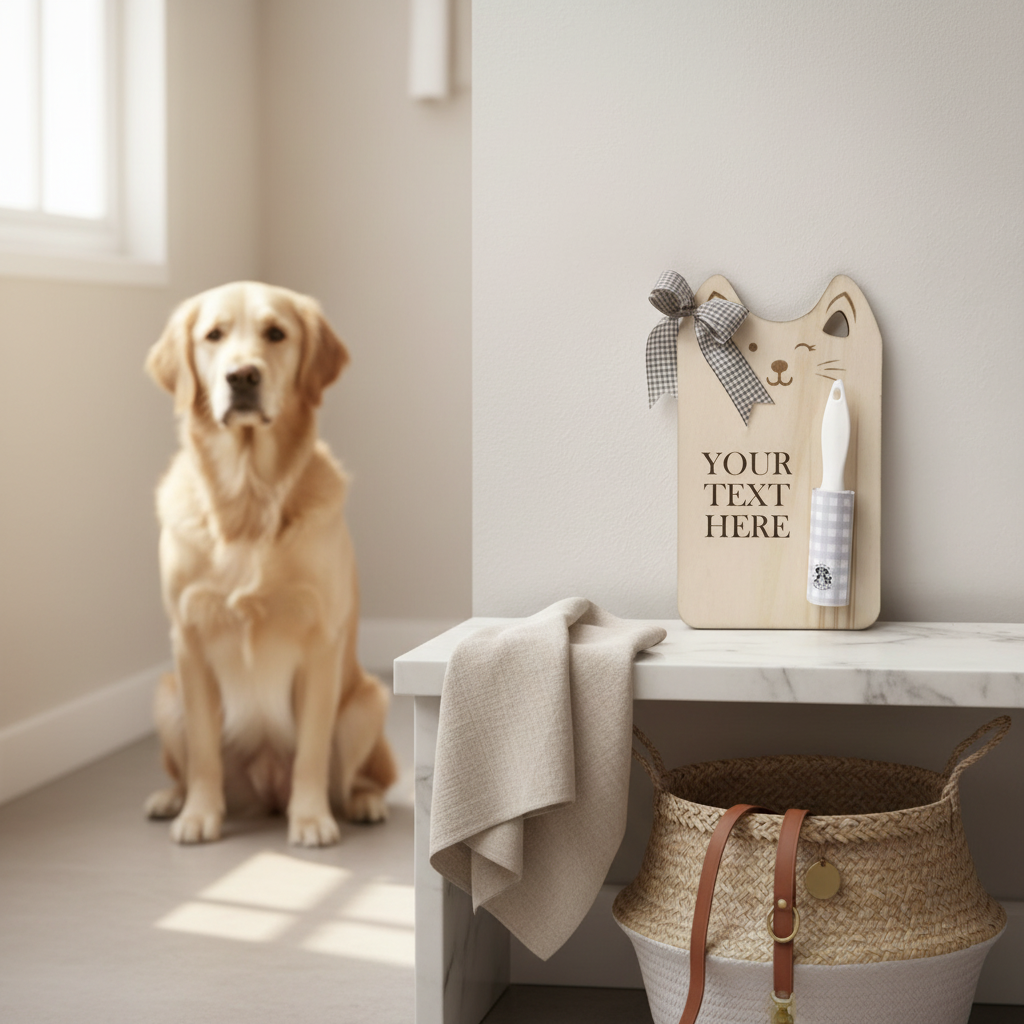Adorable wooden board with lint roller. Fully customizable text. Perfect gift for pet lovers!