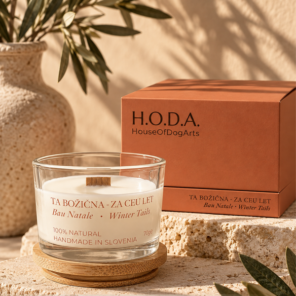 H.O.D.A. Indoor Atmosphere Collection showing four handmade scented candles with new colour-coded packaging in blush, terracotta, sage and lavender, styled on warm travertine stone with bamboo lids and wooden wicks.