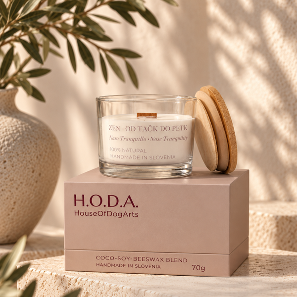 H.O.D.A. Indoor Atmosphere Collection showing four handmade scented candles with new colour-coded packaging in blush, terracotta, sage and lavender, styled on warm travertine stone with bamboo lids and wooden wicks.