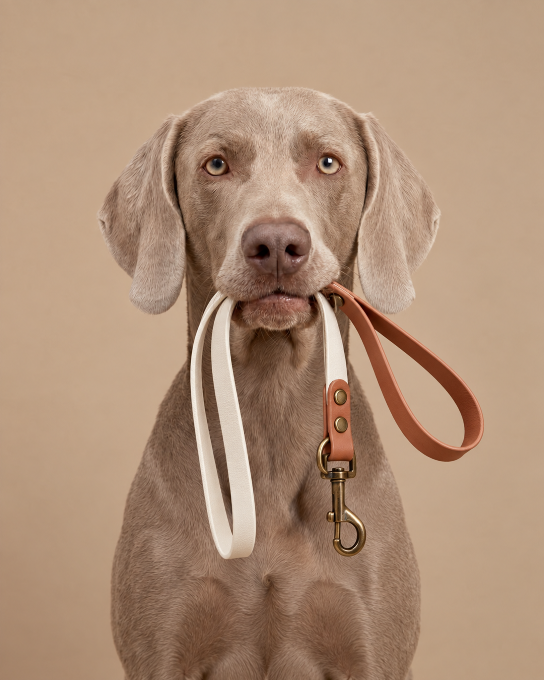 Grey dog holding a two-tone LEAD leash against a warm beige background