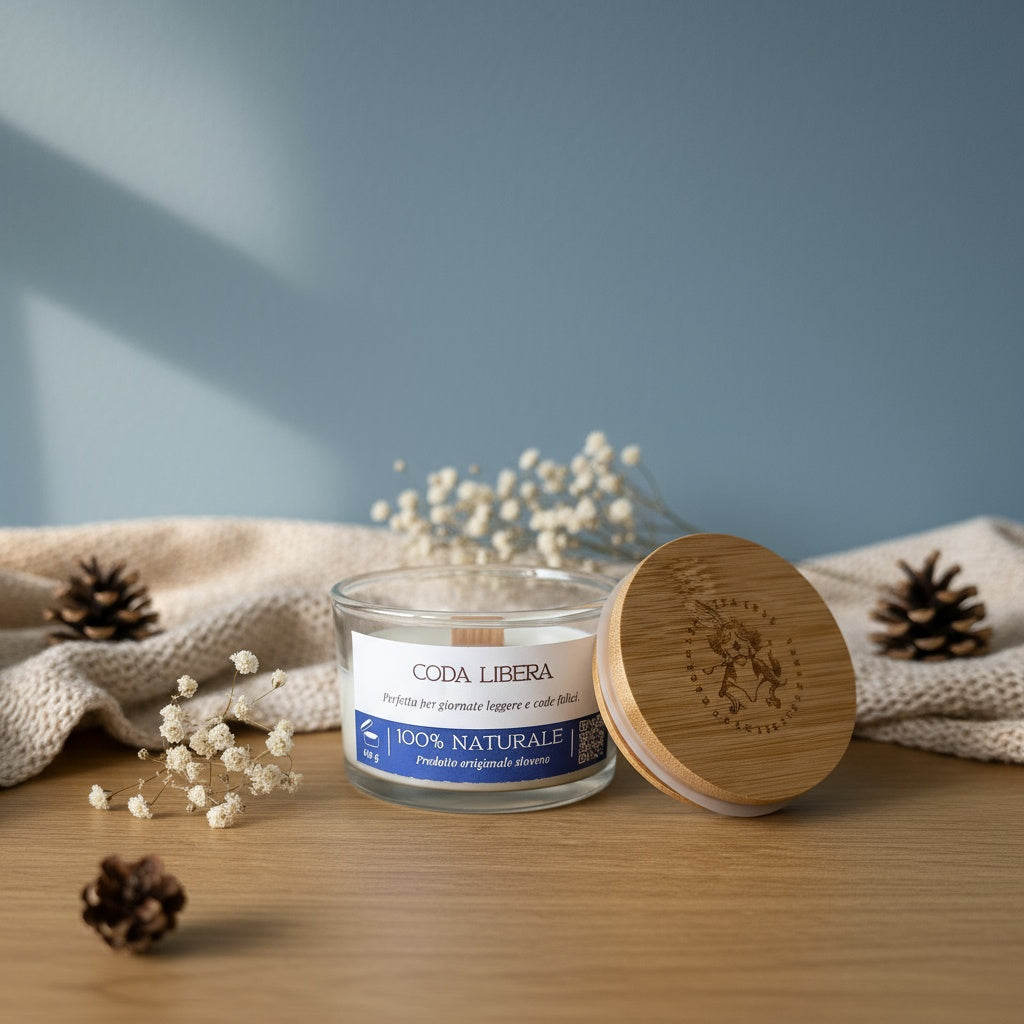 Candle jar with wooden lid on a wooden surface with decorative elements