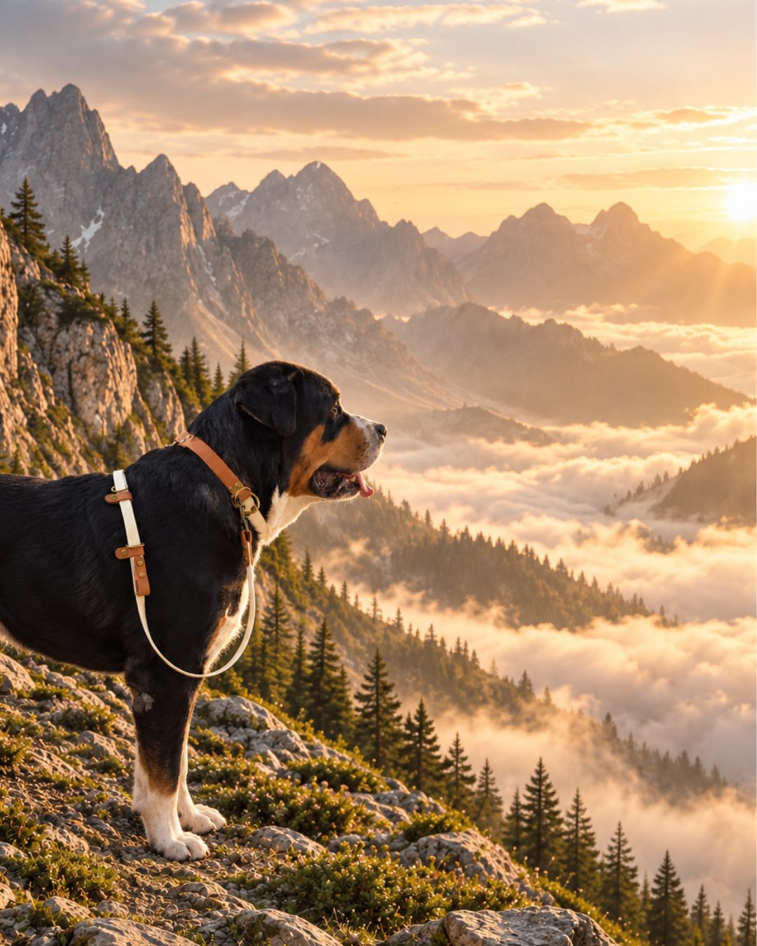 Markiz wearing FREE, overlooking a mountain landscape in warm evening light.