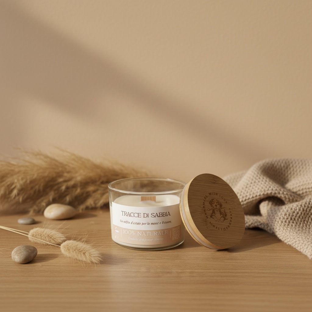 Candle with wooden lid on a wooden surface with a beige background
