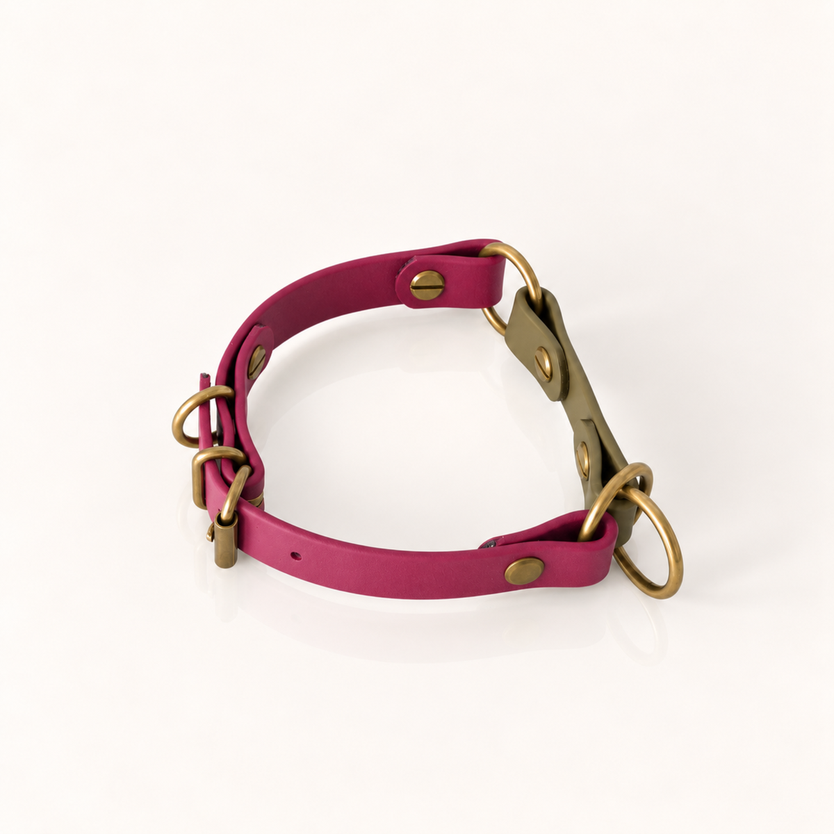 Wine: H.O.D.A. EDGE BioThane® martingale dog collar in Wine with olive detail and antique brass hardware.