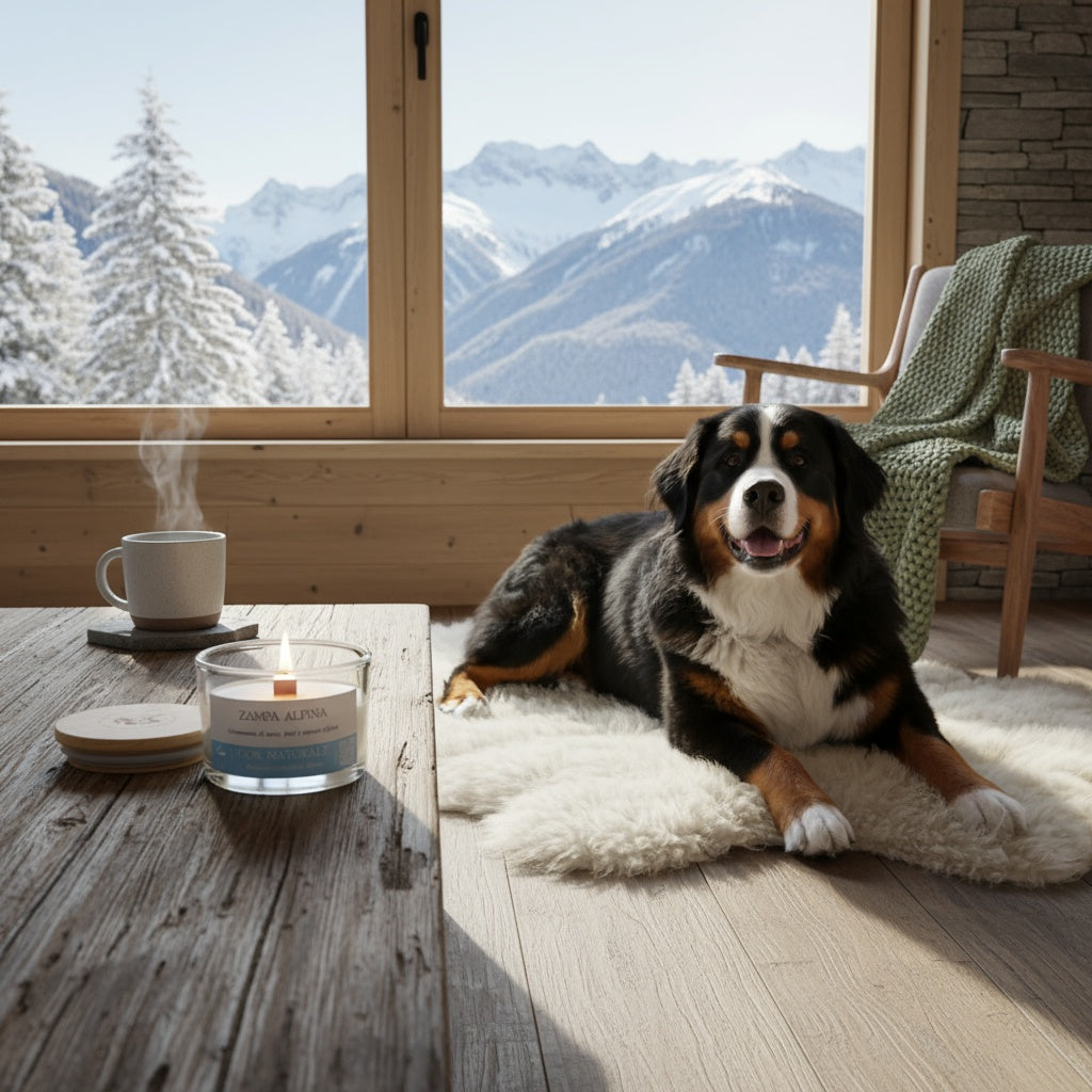 Dog sitting on a rug in a cozy room with a mountain view, candle, and cup of coffee.