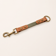A BioThane® strap accessory with a brass swivel clasp, three brass rivets, and a brass ring, shown on a plain off-white background.