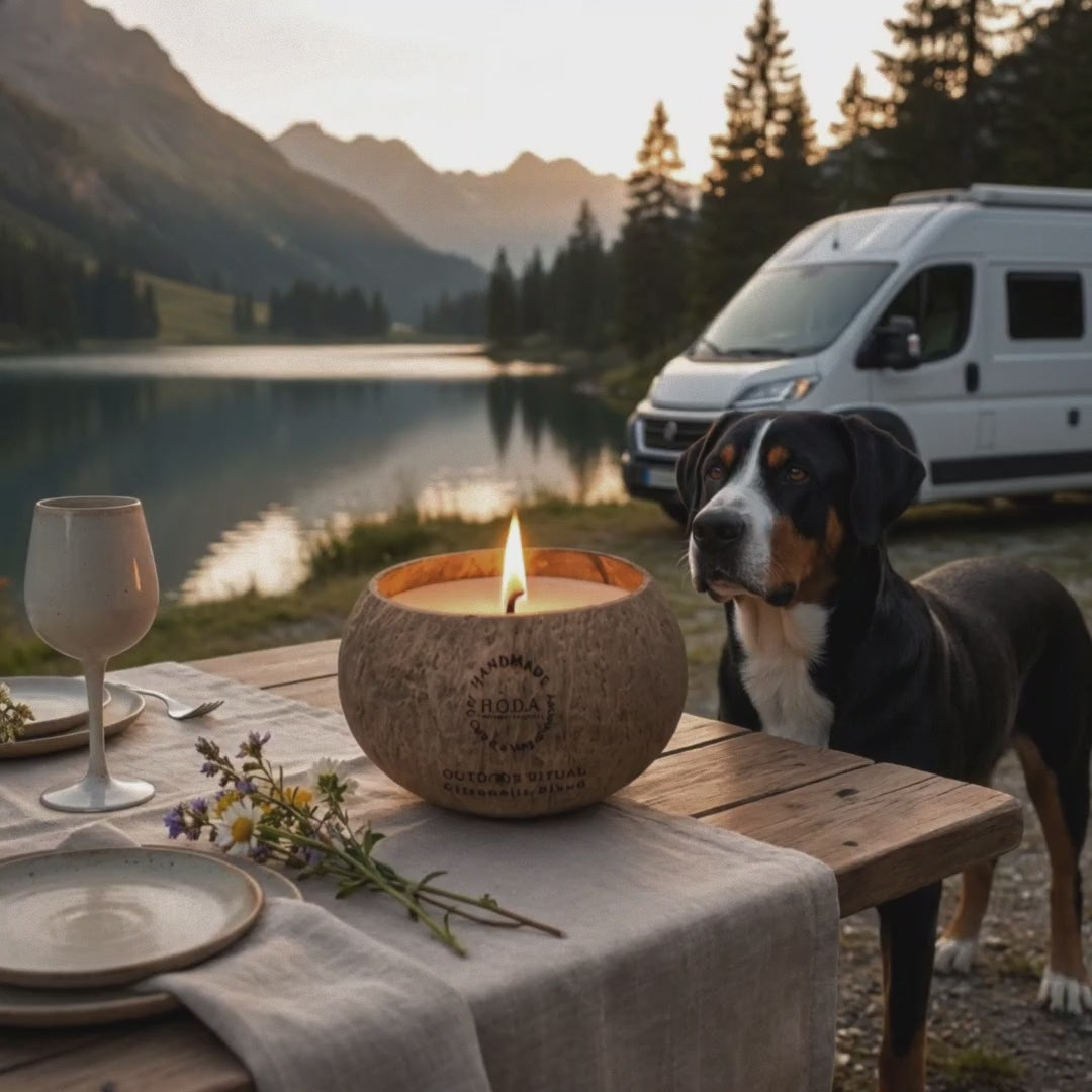 Load video: Outdoor Ritual citronella candle burning on a table next standing Greater Swiss Mountain Dog Markiz, background scene lake and mountains and white camper van